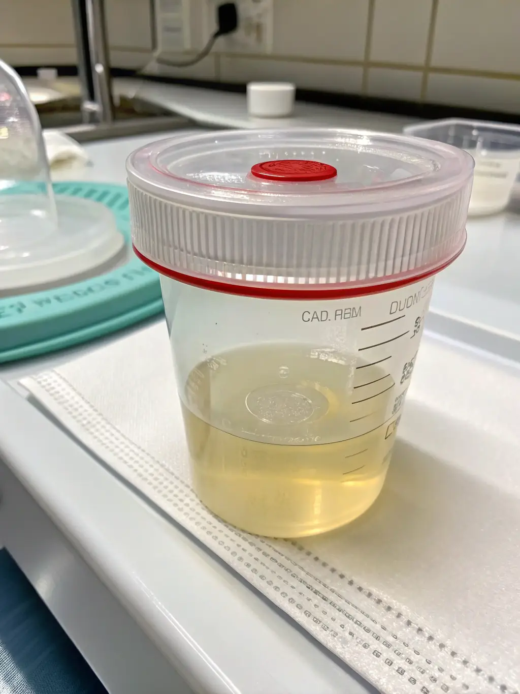 A close-up shot of a urine sample collection cup with a secure lid, emphasizing the cleanliness and reliability of the urine testing process.