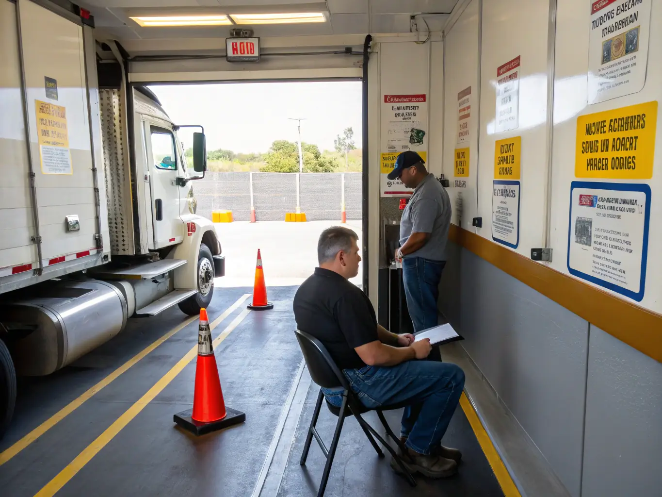 A truck driver undergoing a drug test, representing the transportation industry's need for compliance with DOT regulations and ensuring public safety.