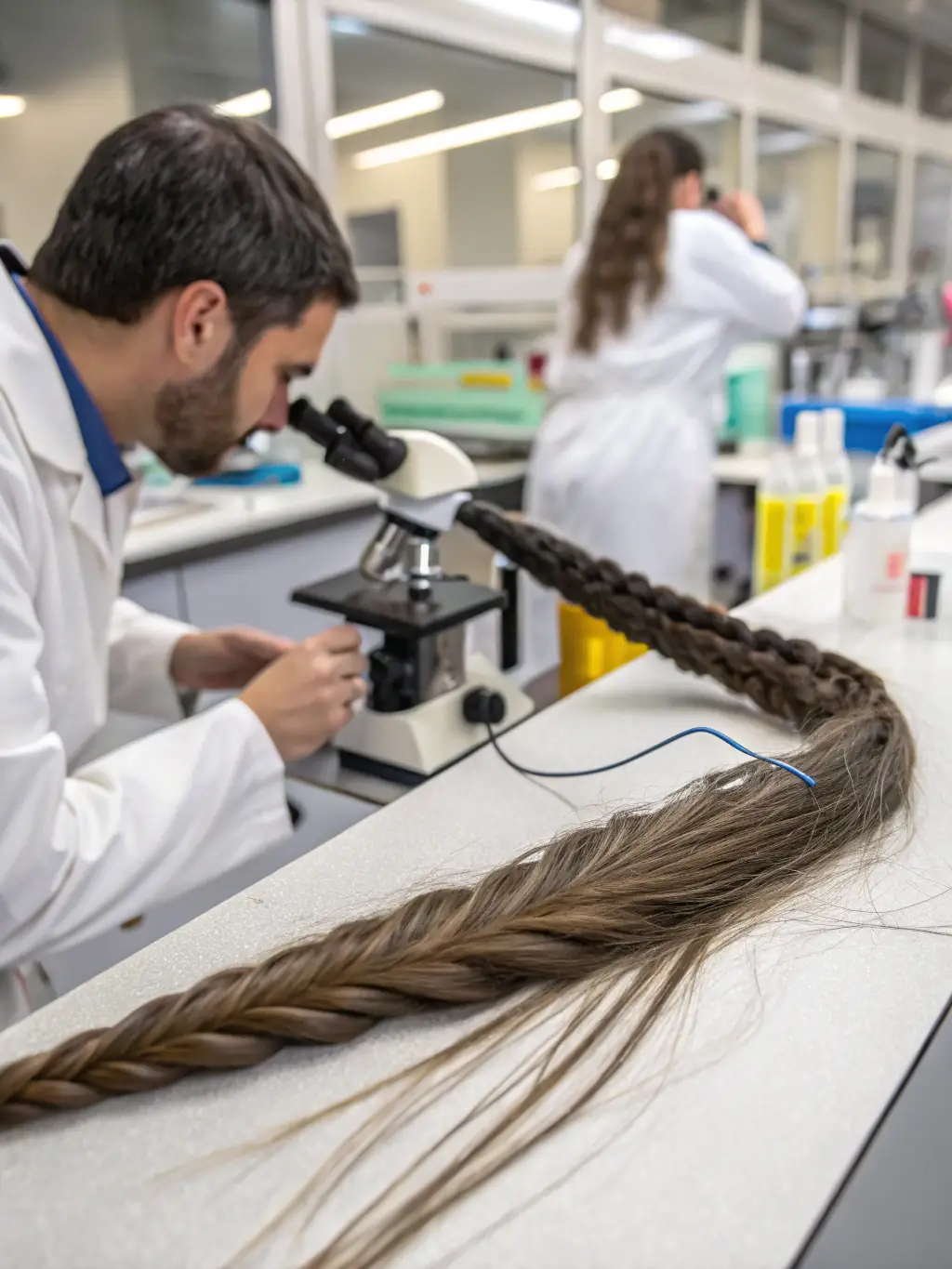 A strand of hair being analyzed in a laboratory setting, highlighting the advanced technology used in hair follicle drug testing.