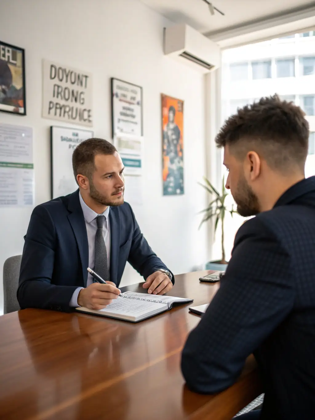 An image of a manager confidently interviewing a job candidate, representing informed hiring decisions.
