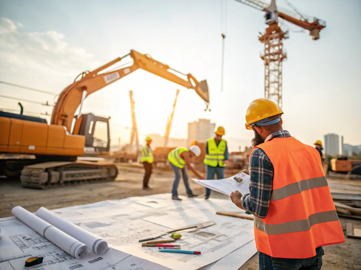 A construction site with workers wearing safety gear, symbolizing the construction industry's focus on safety and risk management.