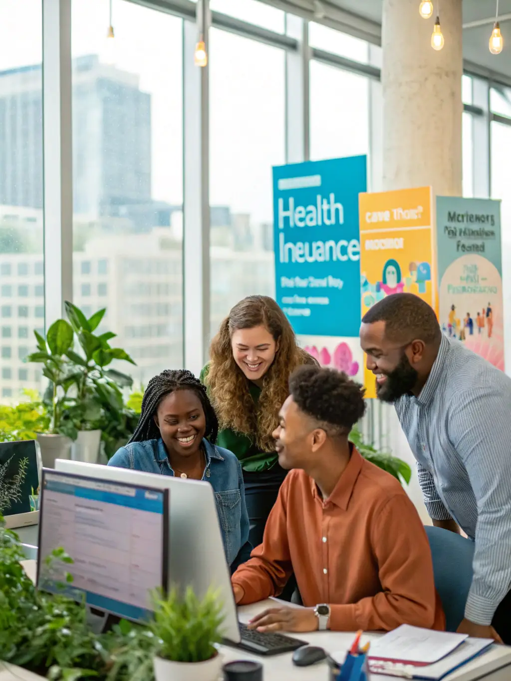 A diverse group of employees working together in a safe and productive office environment, symbolizing a drug-free workplace.