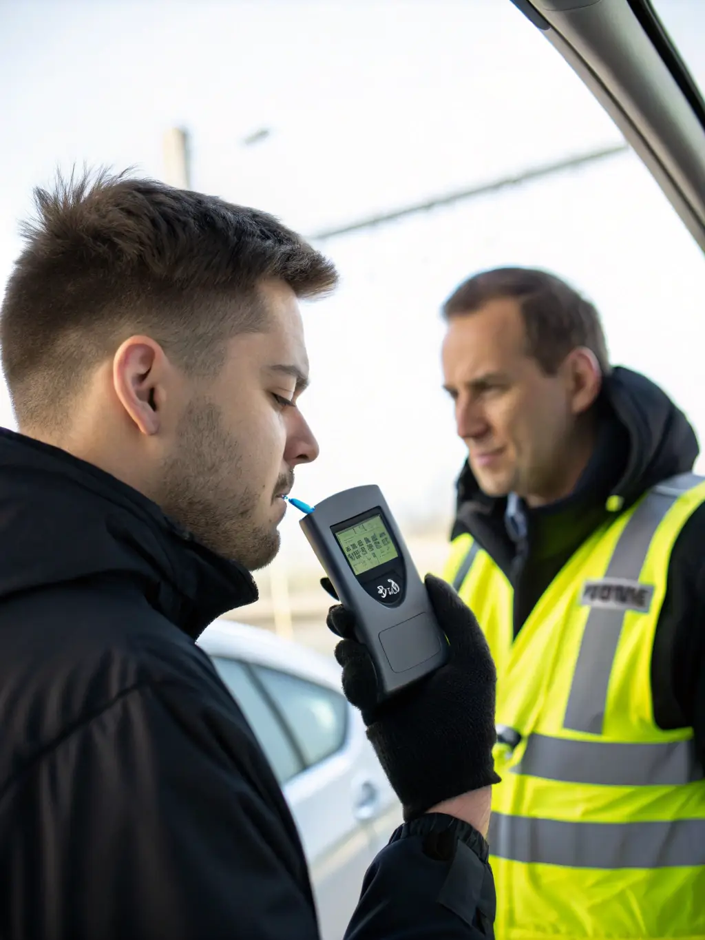 A close-up of a breathalyzer device being used to conduct an alcohol test, with a focus on the digital display showing the results.