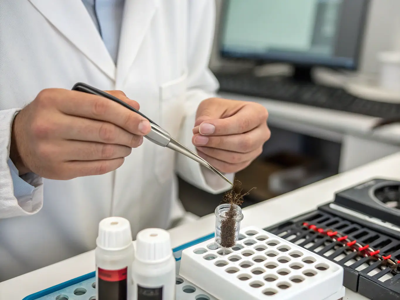 A technician is performing a hair follicle drug test in a clean and sterile laboratory environment, highlighting the precision and advanced technology used.