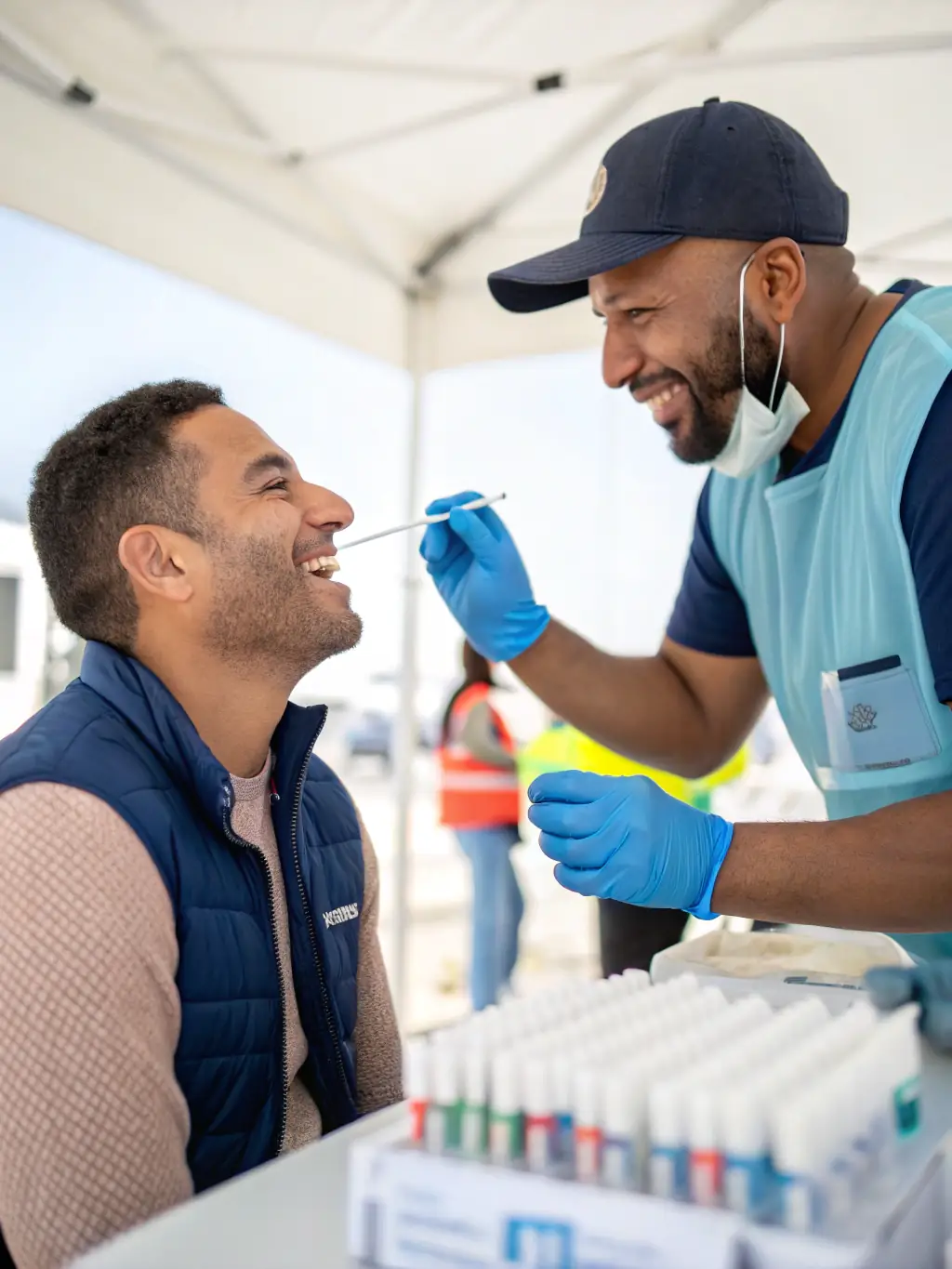 A person gently placing a saliva swab into their mouth, demonstrating the non-invasive nature of DrugScreen's saliva drug testing method.