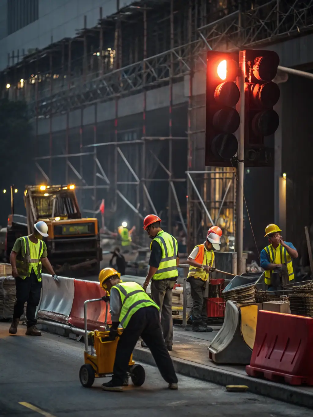 A construction site with workers wearing hard hats, showcasing DrugScreen's services ensuring safety in the construction industry.