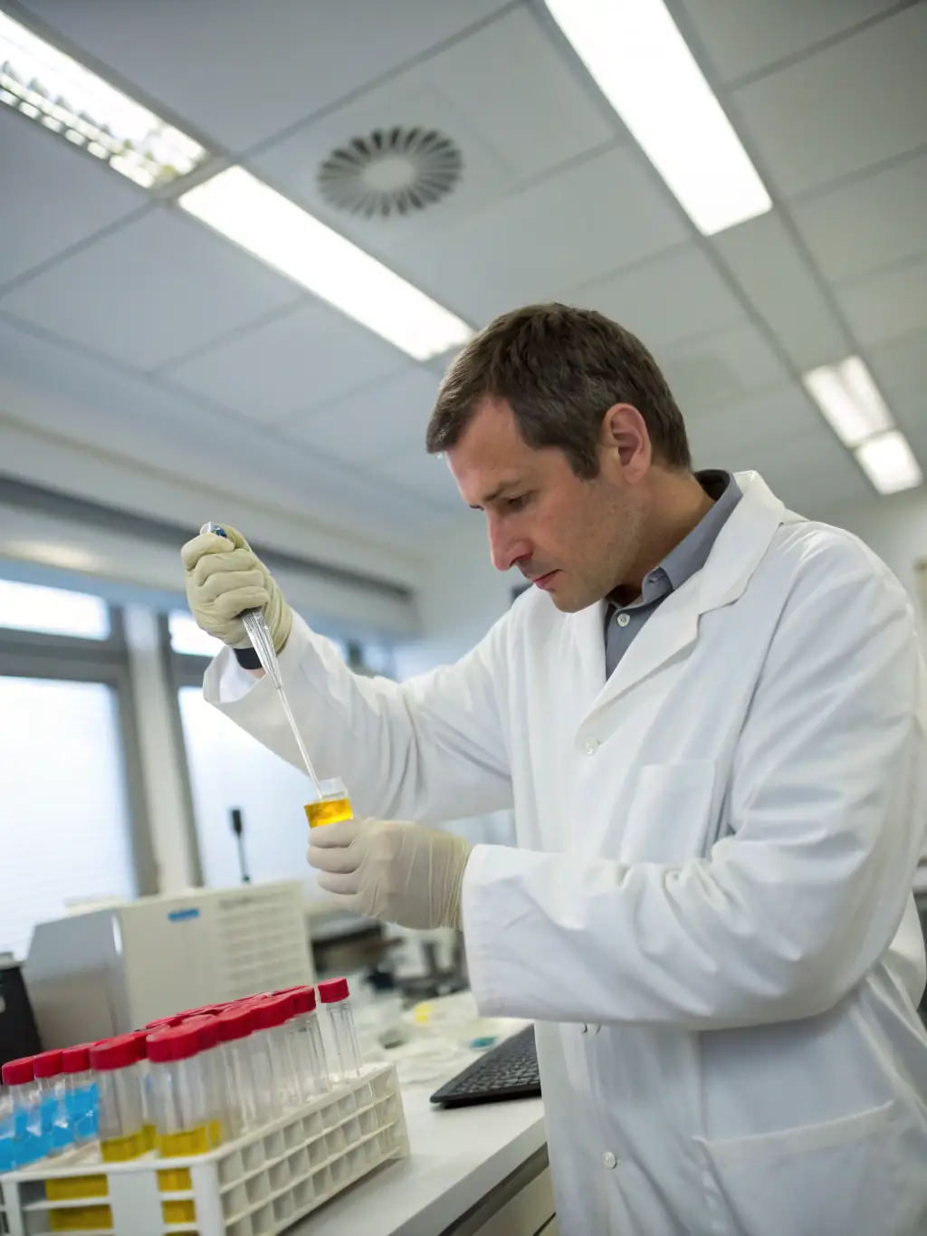 A technician in a lab coat carefully handling a urine sample for a D.O.T. drug screening, with various testing equipment visible in the background.