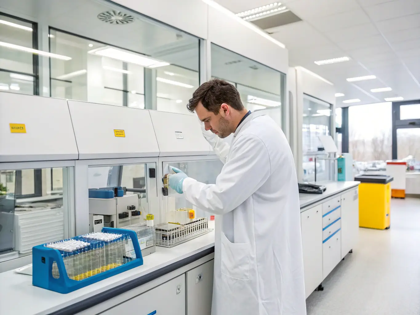 A medical professional in a lab coat is collecting a urine sample from an employee for a drug test, with a focus on maintaining privacy and professionalism.
