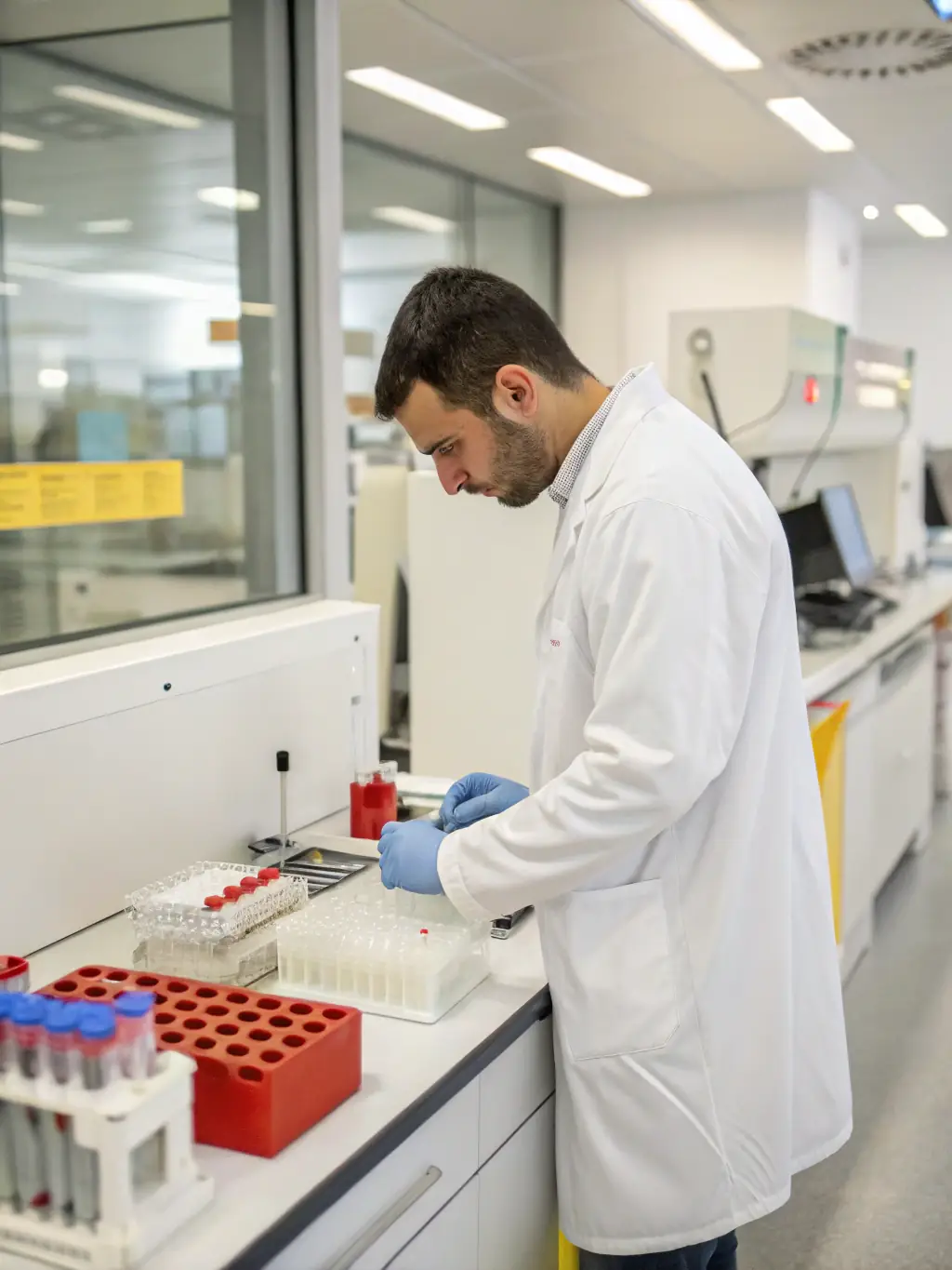 An image showcasing a lab technician in a clean, modern laboratory setting, processing drug test samples with precision and care at DrugScreen.